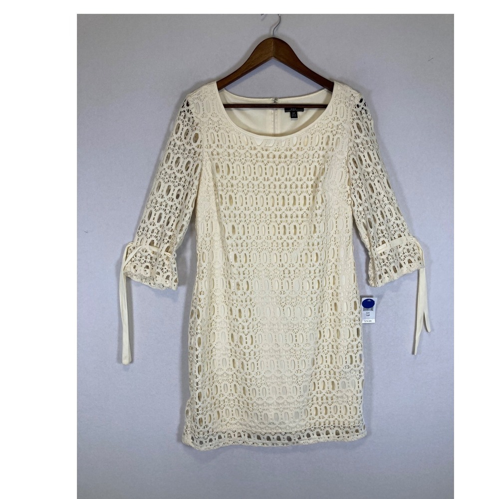 Boho Romantic NWT‎ R&K Women 10P Ivory Crochet Lace Bell Slv Eyelet Shift Dress